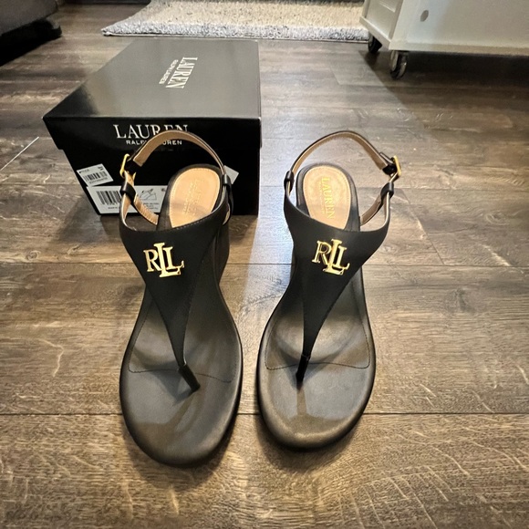 Lauren Ralph Lauren Shoes - Ralph Lauren Jeannie Black Leather Wedge Sandel SZ 9.5 NIB